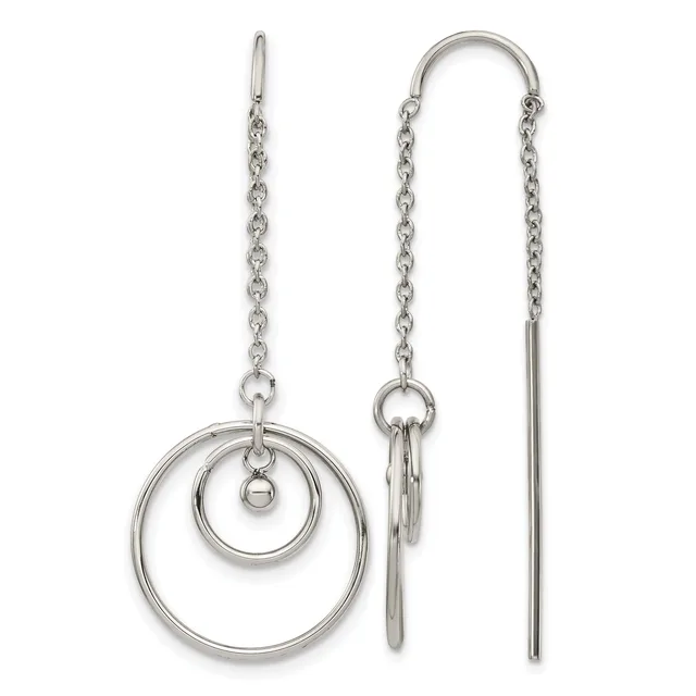 Pair of silver threader earrings with chain and circular pendant on left, and bar-shaped drop on right.
