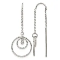 Pair of silver threader earrings with chain and circular pendant on left, and bar-shaped drop on right.