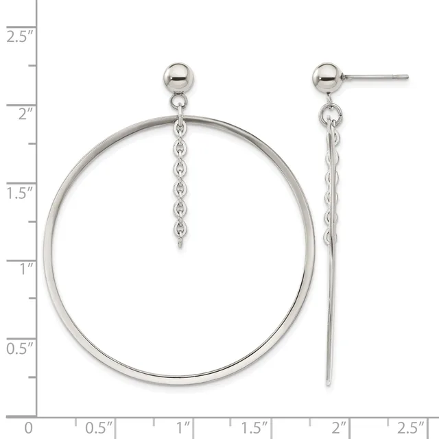 A pair of silver-tone dangle earrings with ball studs, featuring large circular hoops with delicate chain drops, displayed against a measurement ruler.