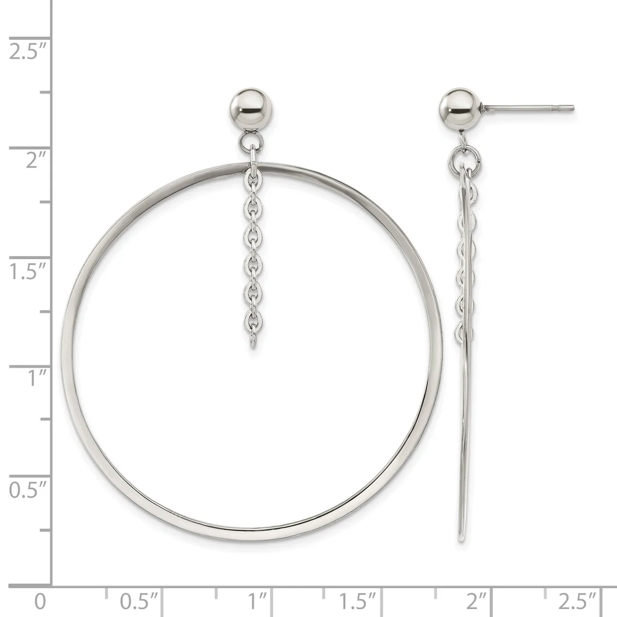 A pair of silver-tone dangle earrings with ball studs, featuring large circular hoops with delicate chain drops, displayed against a measurement ruler.