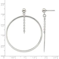 A pair of silver-tone dangle earrings with ball studs, featuring large circular hoops with delicate chain drops, displayed against a measurement ruler.