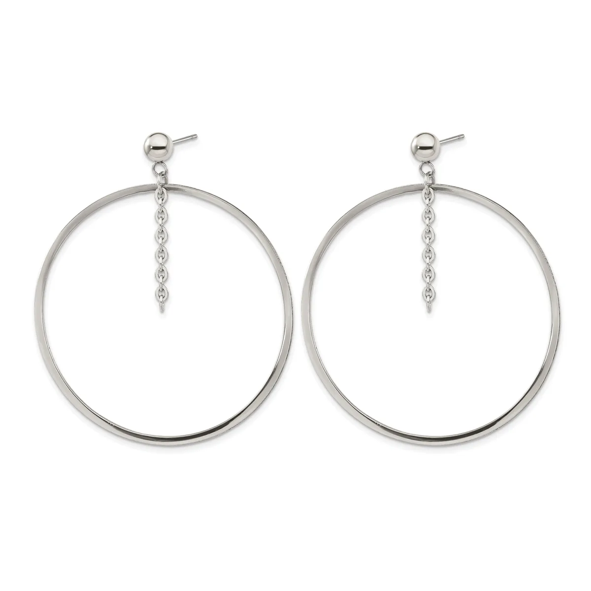 A pair of silver-toned circular drop earrings with dangling chain accents hanging from ball studs.