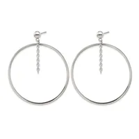 A pair of silver-toned circular drop earrings with dangling chain accents hanging from ball studs.