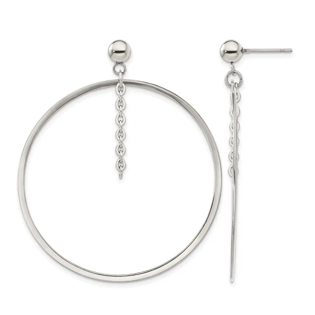 Pair of silver-toned dangle earrings with ball studs, featuring large open circles with chain details hanging below.