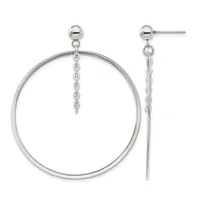 Pair of silver-toned dangle earrings with ball studs, featuring large open circles with chain details hanging below.