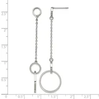 A pair of asymmetrical silver-tone drop earrings with chain links and circular rings, displayed against a ruler showing measurements up to 2.5 inches.