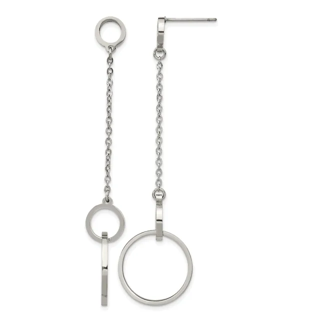 Pair of silver-tone dangle earrings with chain links and circular ring pendants of varying sizes, shown on white background.