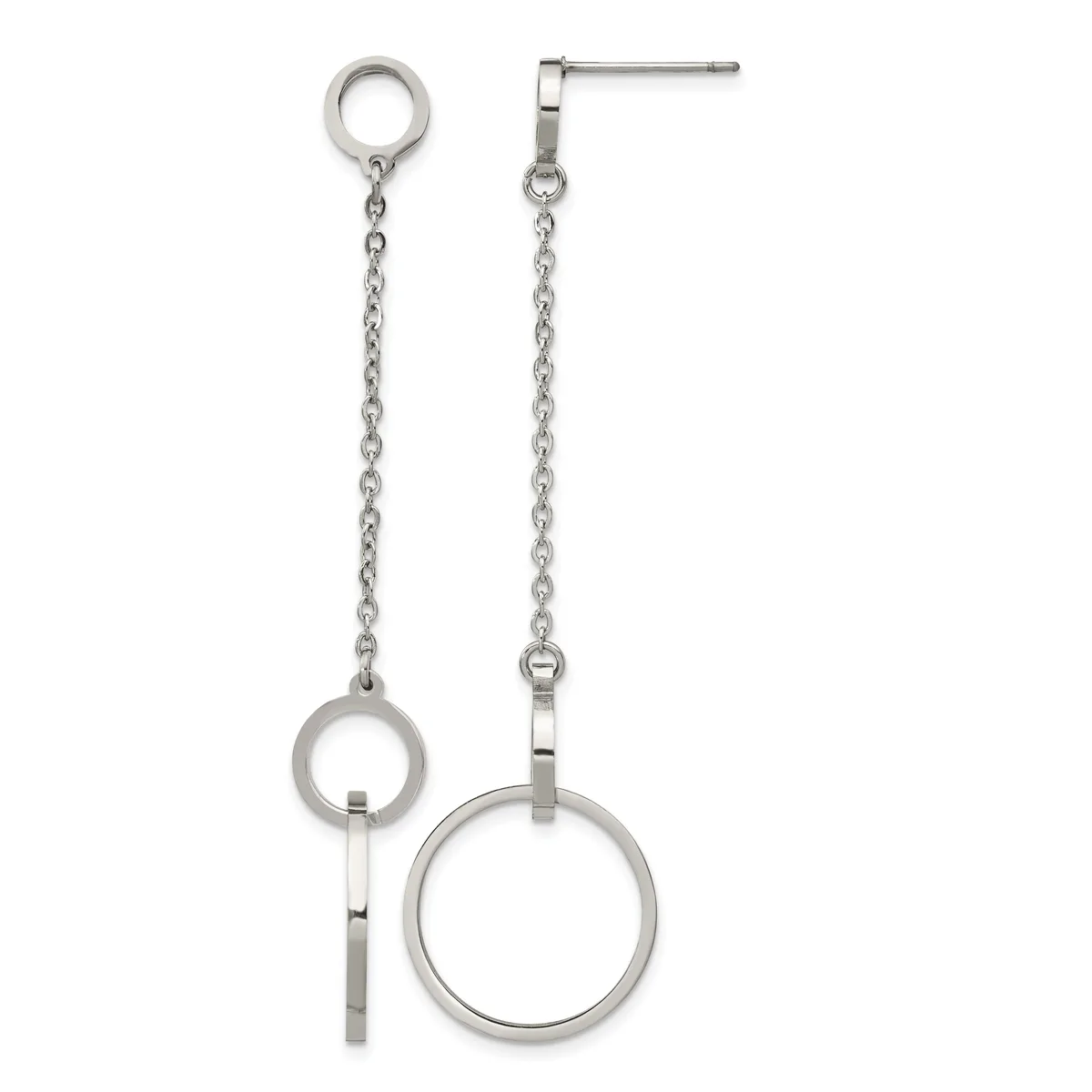 Pair of silver-tone dangle earrings with chain links and circular ring pendants of varying sizes, shown on white background.