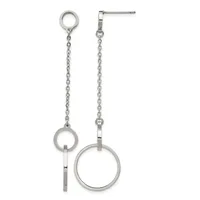 Pair of silver-tone dangle earrings with chain links and circular ring pendants of varying sizes, shown on white background.
