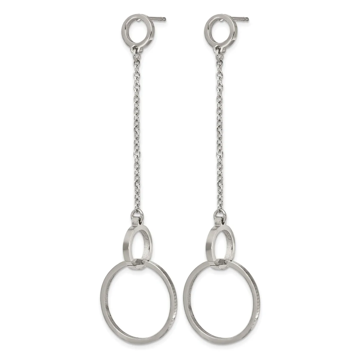 Pair of silver-toned dangling earrings with small circular studs at the top connected by thin chains to larger hollow circles at the bottom.