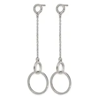 Pair of silver-toned dangling earrings with small circular studs at the top connected by thin chains to larger hollow circles at the bottom.