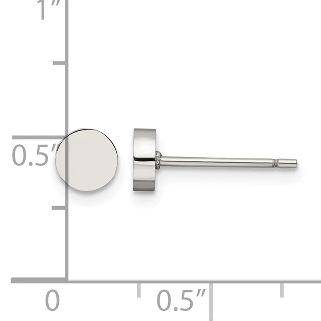 A pair of silver stud earrings with circular disc fronts shown next to a ruler measuring approximately 0.5 inches in diameter.