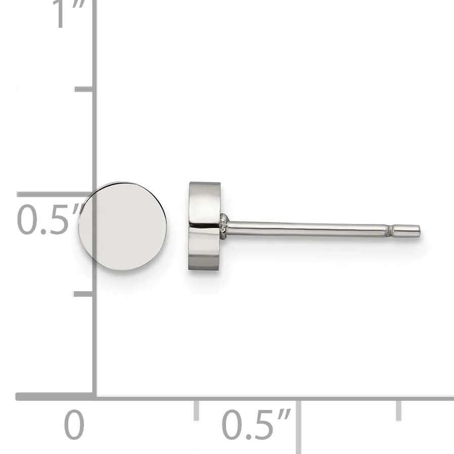 A pair of silver stud earrings with circular disc fronts shown next to a ruler measuring approximately 0.5 inches in diameter.