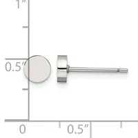 A pair of silver stud earrings with circular disc fronts shown next to a ruler measuring approximately 0.5 inches in diameter.