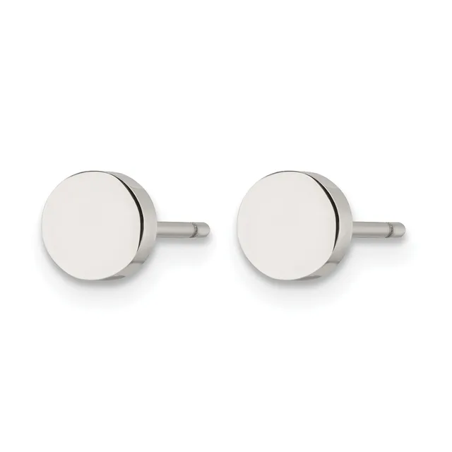 A pair of polished silver stud earrings with flat circular faces and short posts, displayed against a white background.