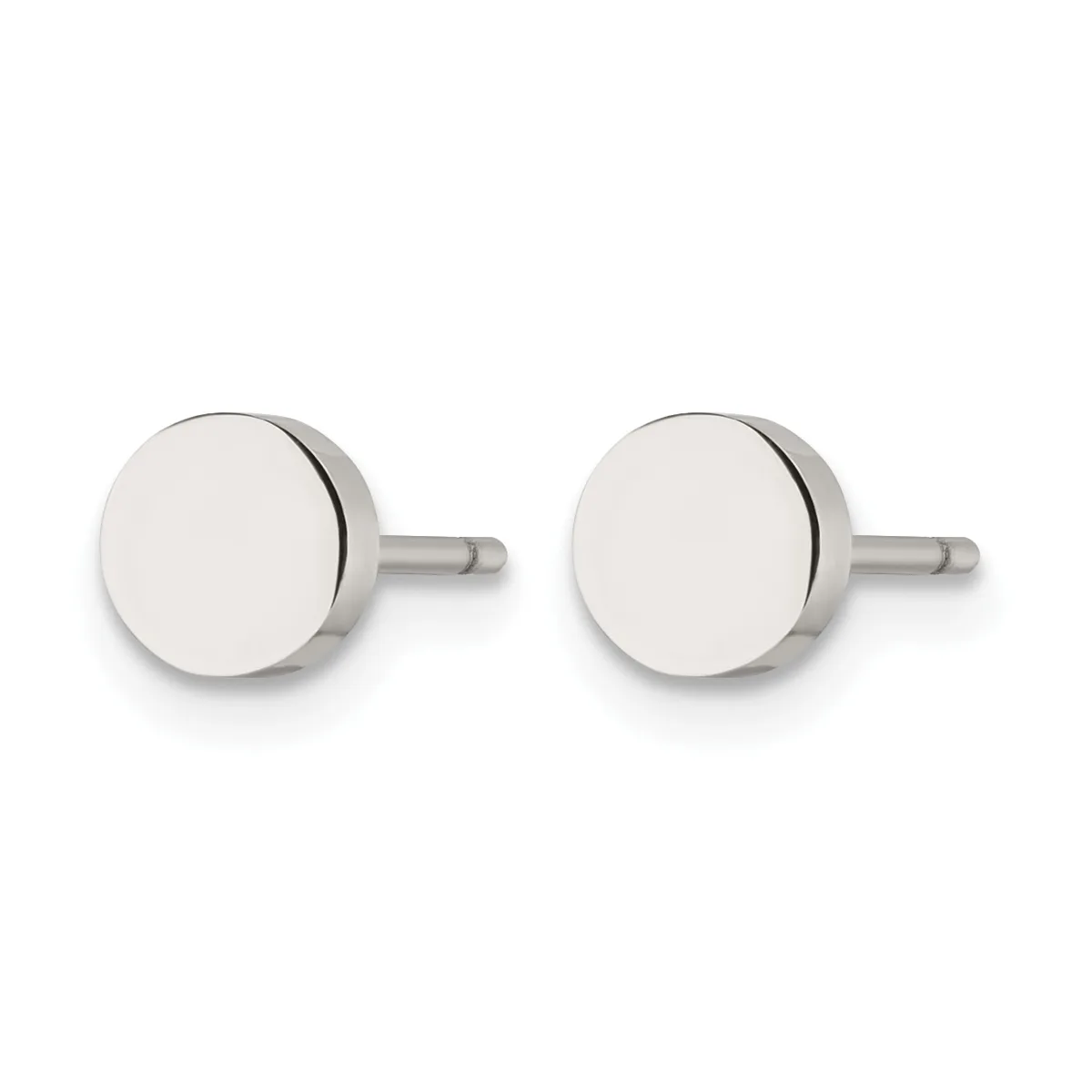 A pair of polished silver stud earrings with flat circular faces and short posts, displayed against a white background.