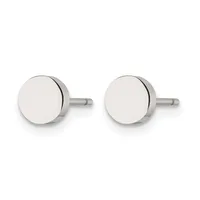 A pair of polished silver stud earrings with flat circular faces and short posts, displayed against a white background.