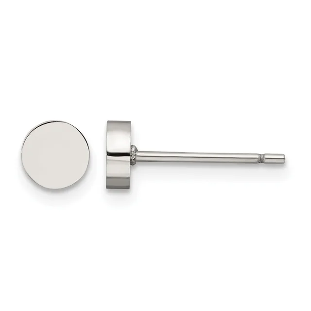 A pair of polished silver stud earrings with flat circular faces, shown from the front and side view against a white background.