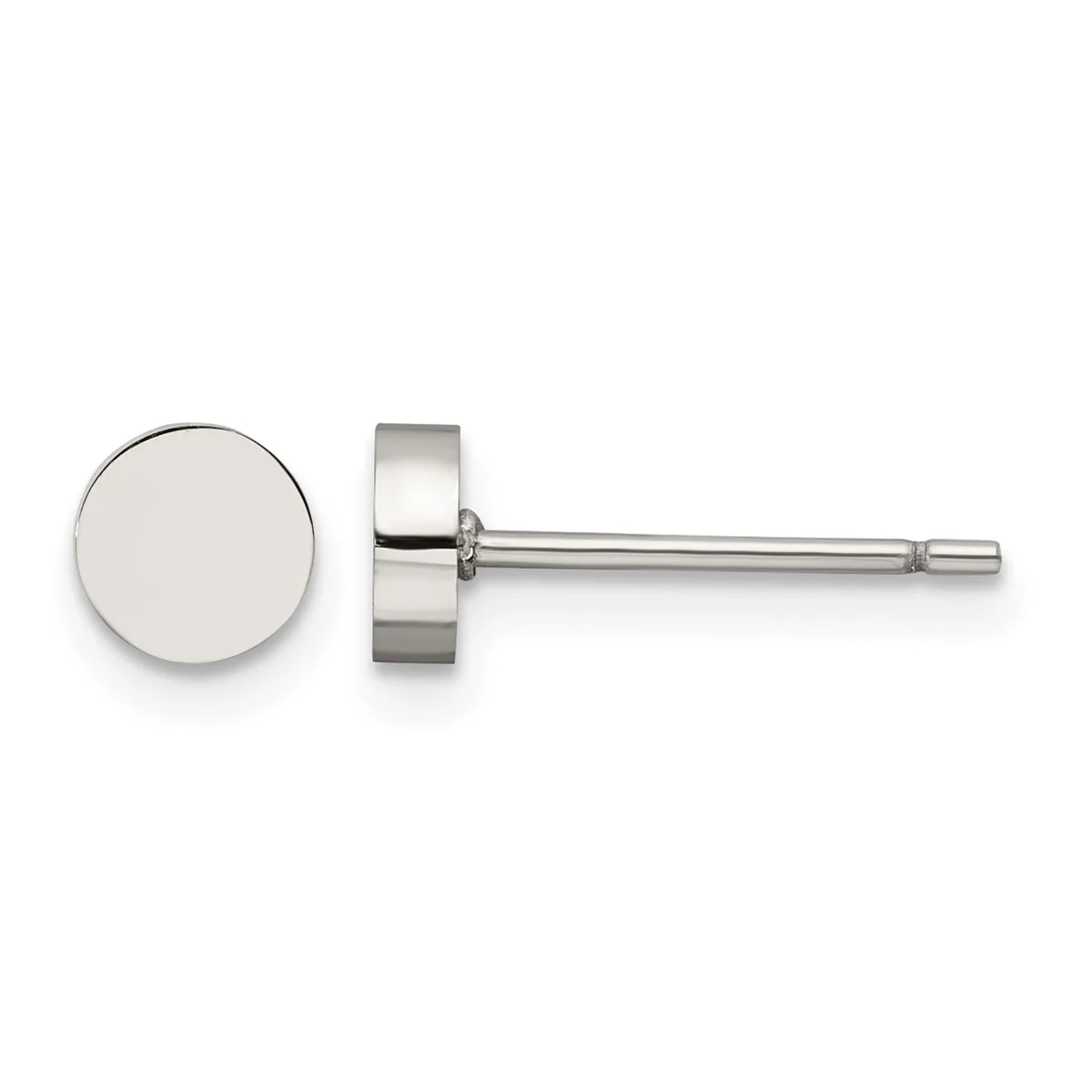 A pair of polished silver stud earrings with flat circular faces, shown from the front and side view against a white background.