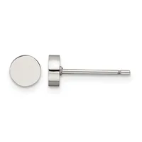A pair of polished silver stud earrings with flat circular faces, shown from the front and side view against a white background.