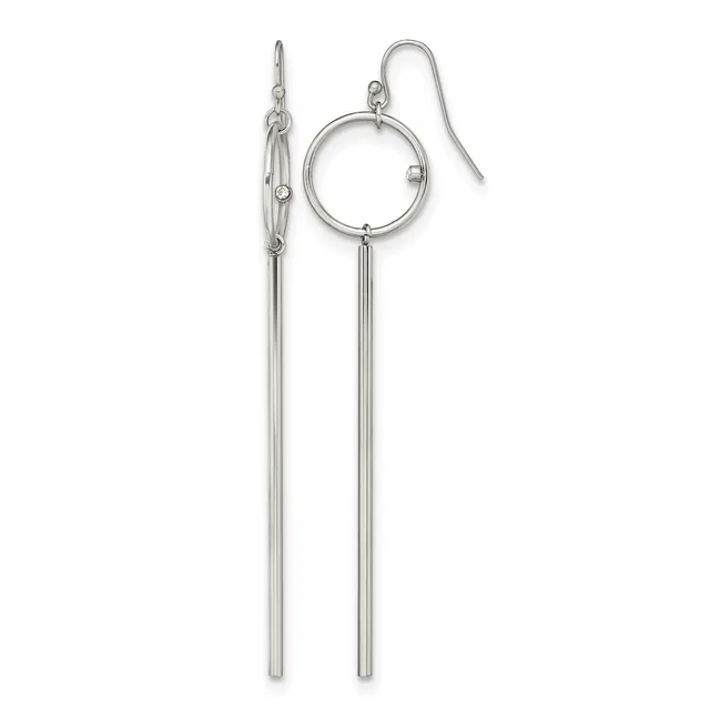 Pair of silver-toned dangle earrings with long cylindrical bars suspended from a small circle and hook-style ear wires.