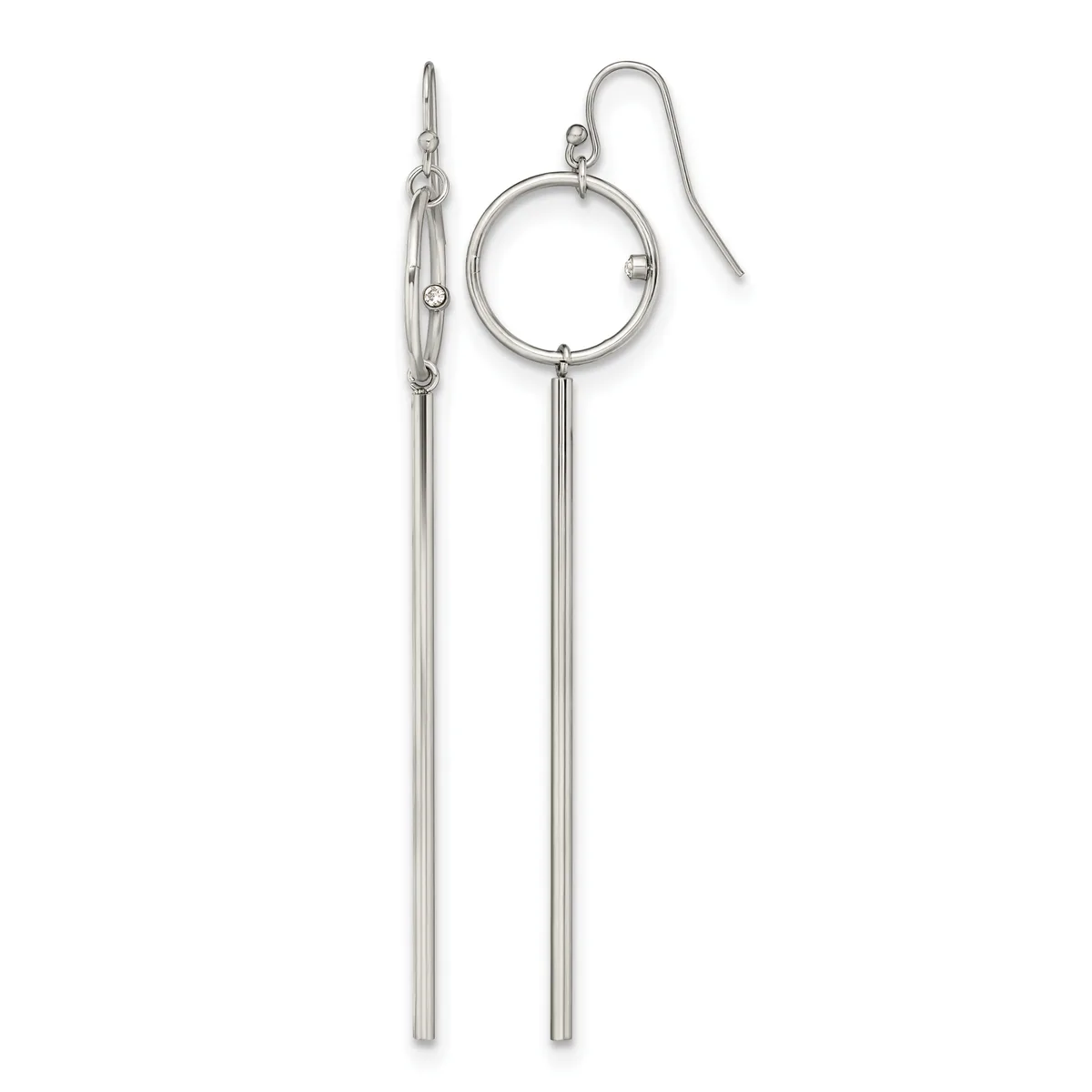 Pair of silver-toned dangle earrings with long cylindrical bars suspended from a small circle and hook-style ear wires.