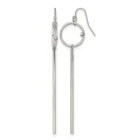 Pair of silver-toned dangle earrings with long cylindrical bars suspended from a small circle and hook-style ear wires.