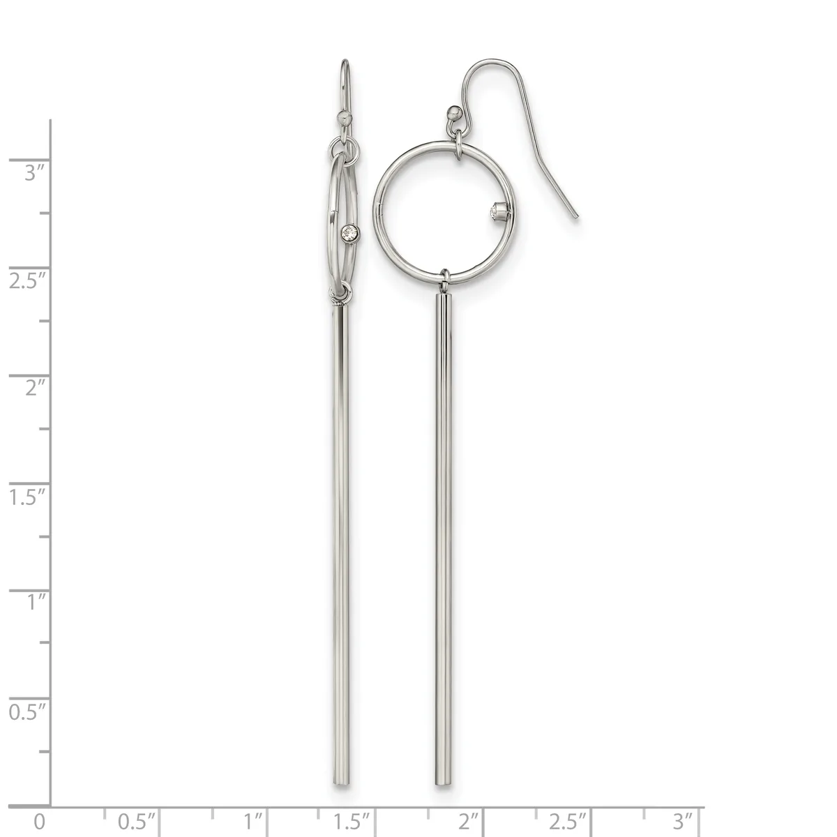 Pair of silver-tone earrings with circular tops connected to long tapered bar drops, displayed against a measurement ruler.