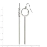 Pair of silver-tone earrings with circular tops connected to long tapered bar drops, displayed against a measurement ruler.