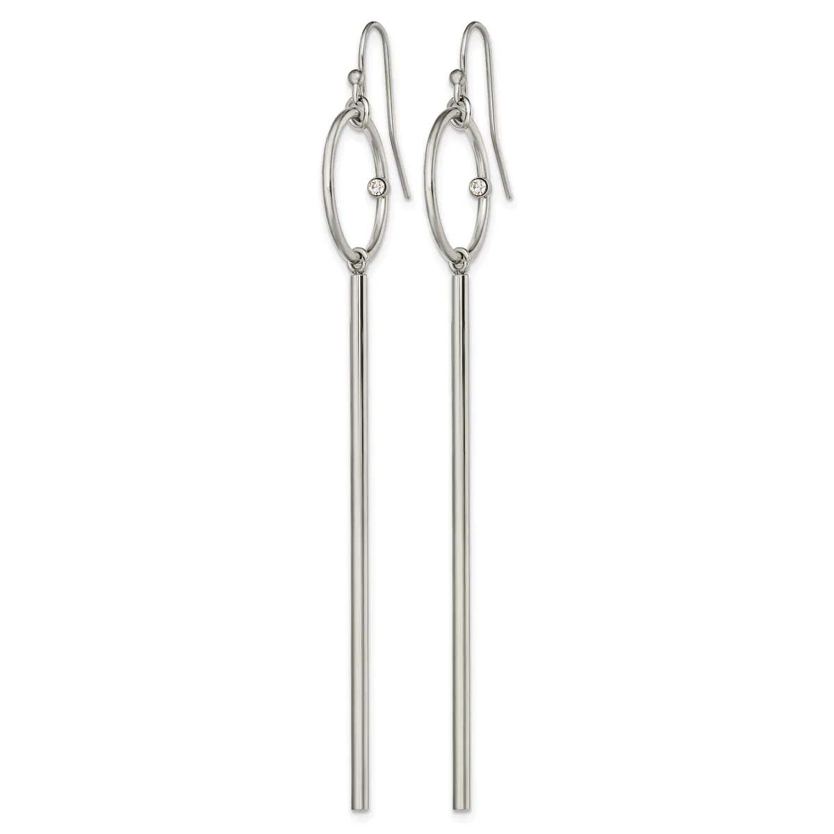Pair of silver-toned drop earrings with oval hoops at the top, small round crystals, and long cylindrical bars extending downward, shown hanging against a white background.