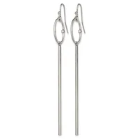 Pair of silver-toned drop earrings with oval hoops at the top, small round crystals, and long cylindrical bars extending downward, shown hanging against a white background.