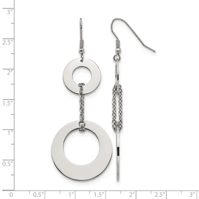Two silver-tone dangle earrings with circular disc charms connected by chain strands, displayed against a measurement ruler showing approximately three inches in length.