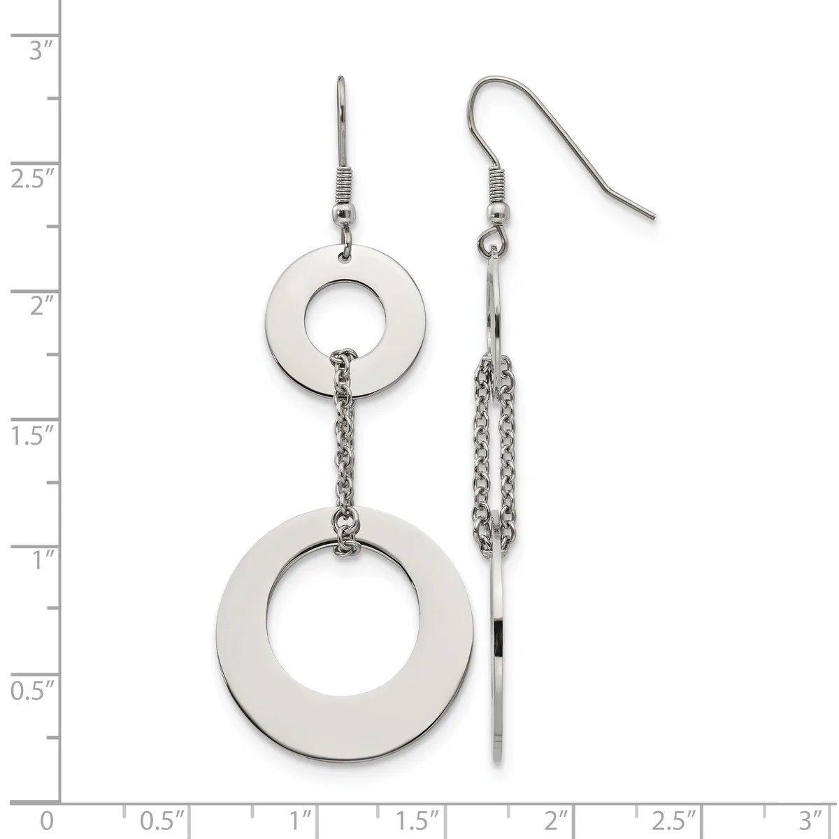 Two silver-tone dangle earrings with circular disc charms connected by chain strands, displayed against a measurement ruler showing approximately three inches in length.