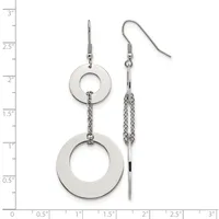 Two silver-tone dangle earrings with circular disc charms connected by chain strands, displayed against a measurement ruler showing approximately three inches in length.