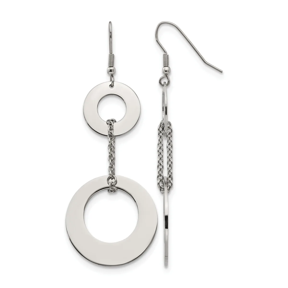 Pair of silver-toned dangle earrings featuring small circles connected by chain to larger circles, displayed on a white background.