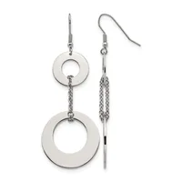 Pair of silver-toned dangle earrings featuring small circles connected by chain to larger circles, displayed on a white background.