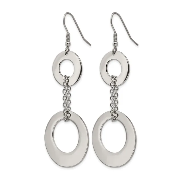 A pair of silver-toned dangle earrings with fish hook closures, each featuring two connected oval rings suspended by a chain.
