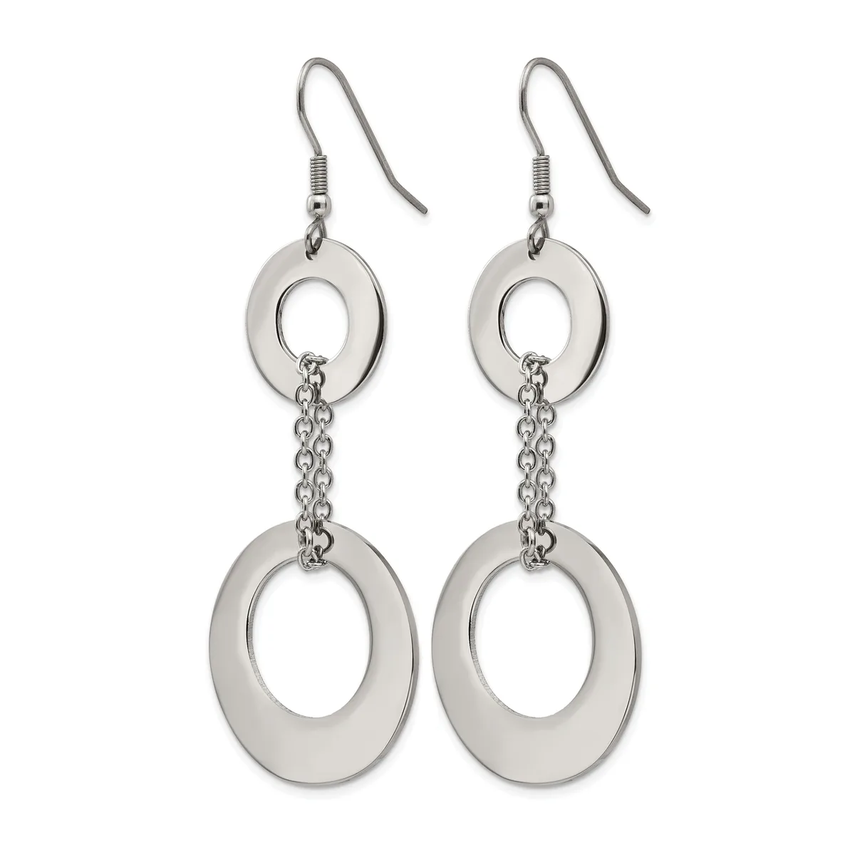 A pair of silver-toned dangle earrings with fish hook closures, each featuring two connected oval rings suspended by a chain.