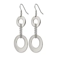 A pair of silver-toned dangle earrings with fish hook closures, each featuring two connected oval rings suspended by a chain.