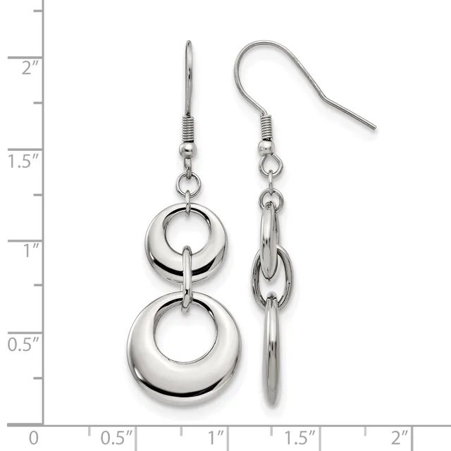 A pair of silver-toned dangle earrings with double circular rings connected by a bar, displayed next to a measurement ruler showing they are approximately 1.5 inches long.