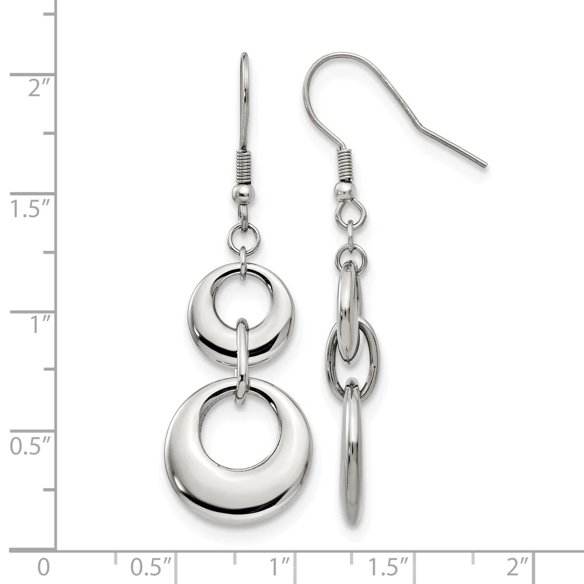 A pair of silver-toned dangle earrings with double circular rings connected by a bar, displayed next to a measurement ruler showing they are approximately 1.5 inches long.