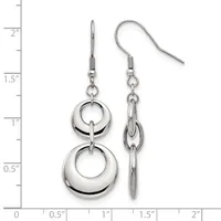 A pair of silver-toned dangle earrings with double circular rings connected by a bar, displayed next to a measurement ruler showing they are approximately 1.5 inches long.