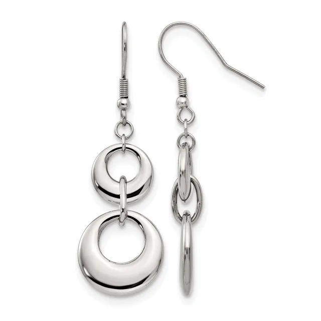 A pair of polished silver-tone dangle earrings with two stacked hollow circles connected by links, suspended from fishhook ear wires.