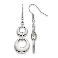 A pair of polished silver-tone dangle earrings with two stacked hollow circles connected by links, suspended from fishhook ear wires.