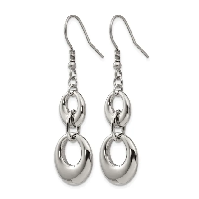 Pair of silver-toned dangle earrings with hook-style ear wires, featuring two polished oval links connected by a chain on each earring.
