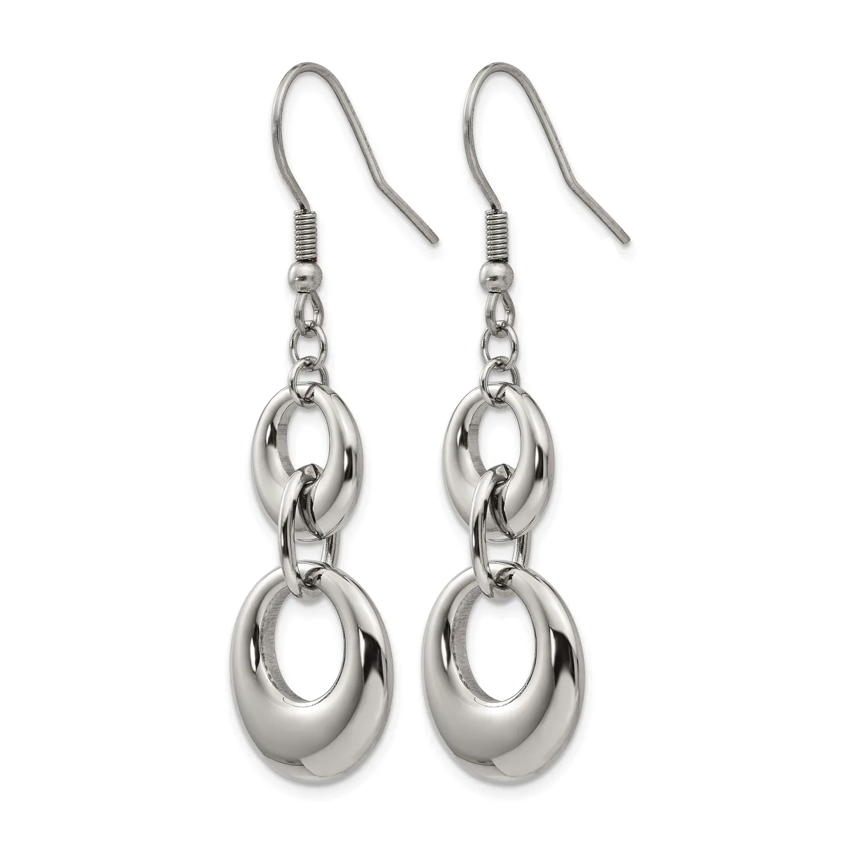 Pair of silver-toned dangle earrings with hook-style ear wires, featuring two polished oval links connected by a chain on each earring.