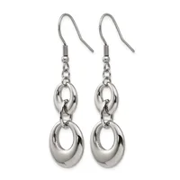 Pair of silver-toned dangle earrings with hook-style ear wires, featuring two polished oval links connected by a chain on each earring.