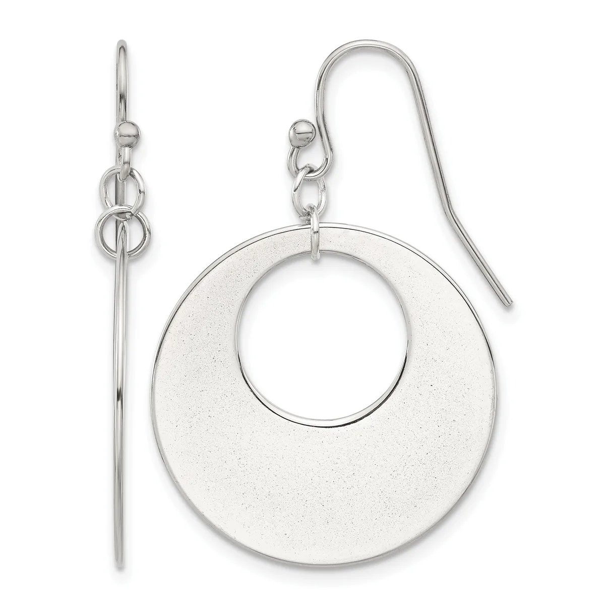 Pair of silver-toned earrings with open circular pendants and matching fishhook ear wires, displayed against a white background.