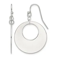 Pair of silver-toned earrings with open circular pendants and matching fishhook ear wires, displayed against a white background.