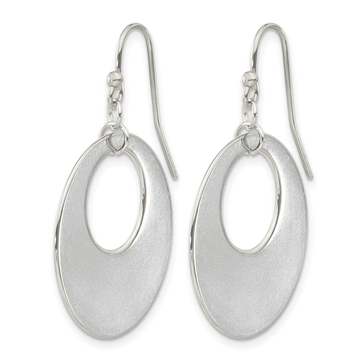 A pair of silver oval drop earrings with a brushed finish and hook ear wires, displayed against a white background.